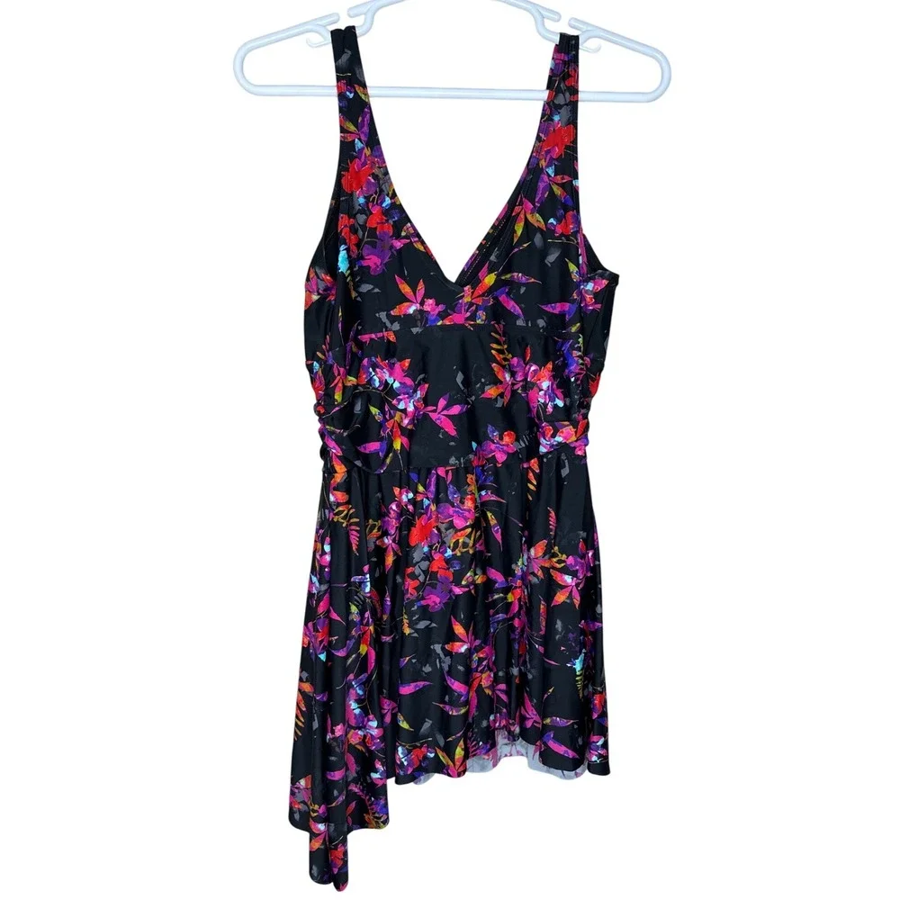 Women's Plus‎ Size One Piece Swimskirt Black Neon Multi Color Floral Size 2XL